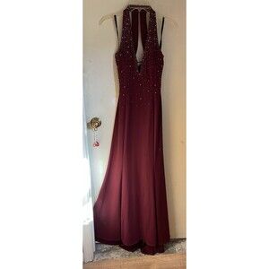 Niki Livas Halter Dress Burgundy Beaded Size 8 Open Criss Cross Back Gown